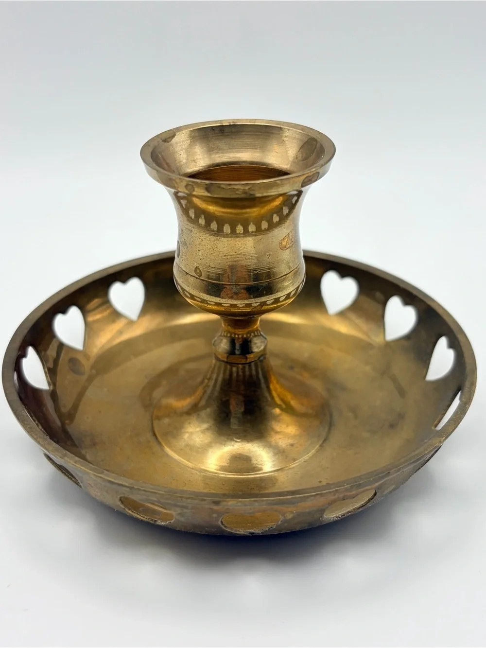 Brass Heart Pierced Chamberstick Candle Holders - Brass